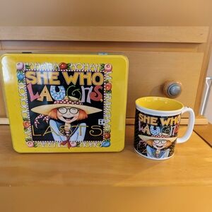 Mary Engelbreit She Who Laughs Lasts Metal Tin Box 8x7 Hinged and Mug Yellow vtg